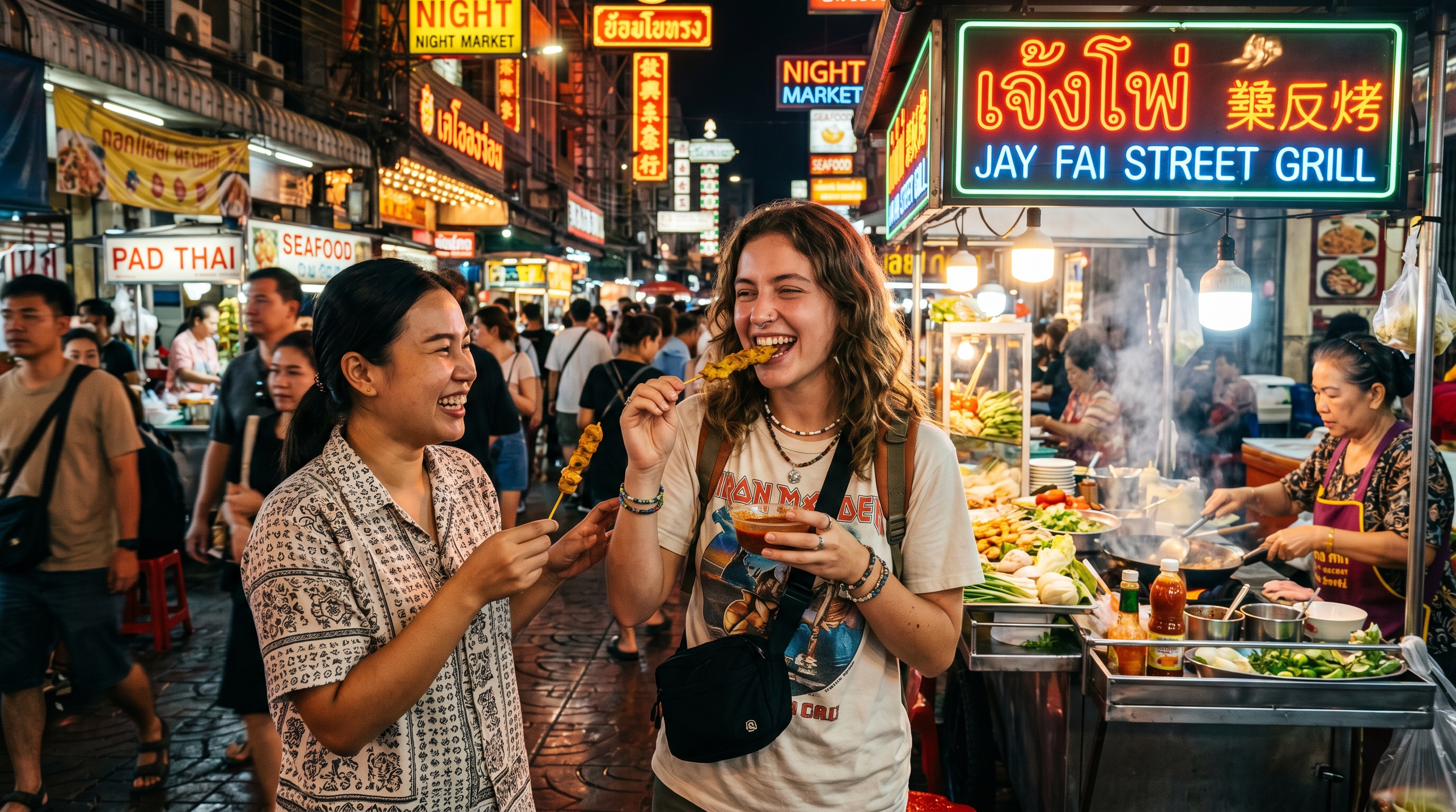 Two friends laughing in a sunny Mediterranean street